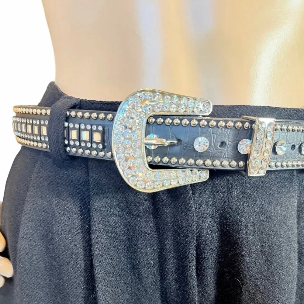 Western Rhinestone Crystal Belt Black Genuine Leather Croc Embossed Studded SM